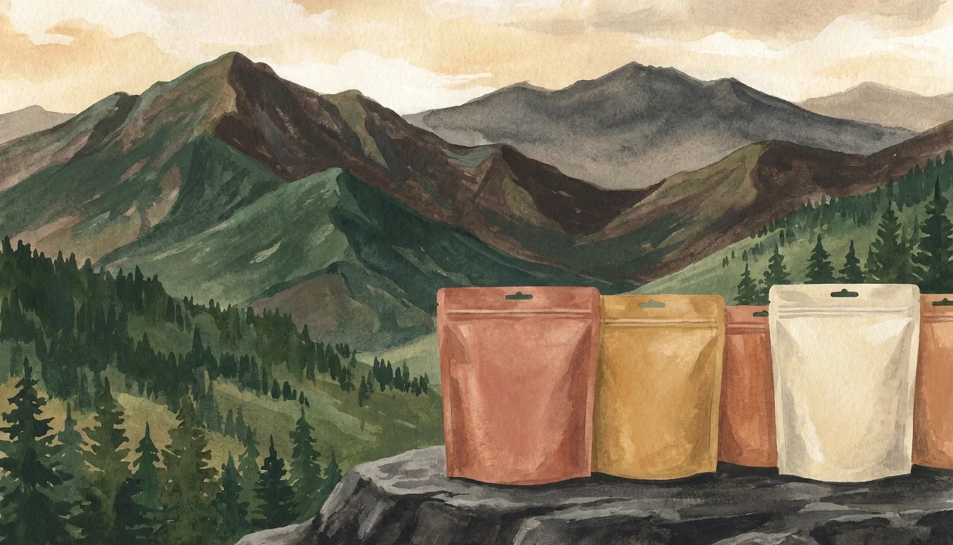 A line-up of branded freeze-dried backpacking meal pouches from several brands on a table.