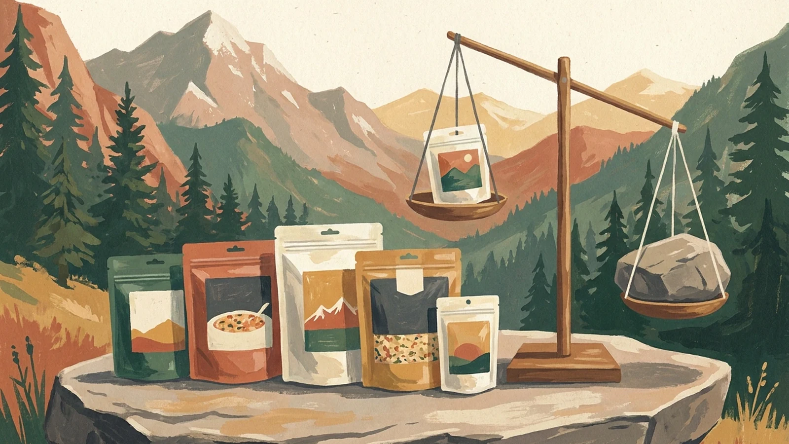 An illustrated line-up of freeze-dried meal pouches beside a balance scale, in the mountains