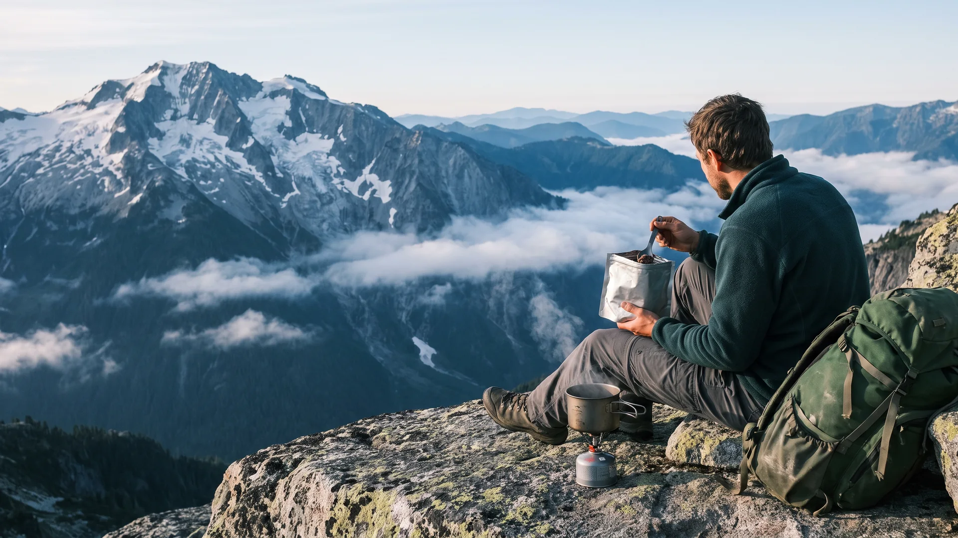 Backpacker on a granite ledge eating a freeze-dried meal straight from the pouch, a canister stove boiling water beside them and a glaciated peak beyond