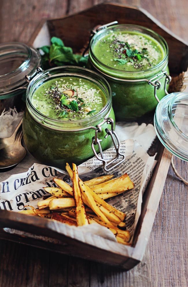 Spring Green Soup with Parsnip Frieds (omit chia seeds, use coconut aminos for A...